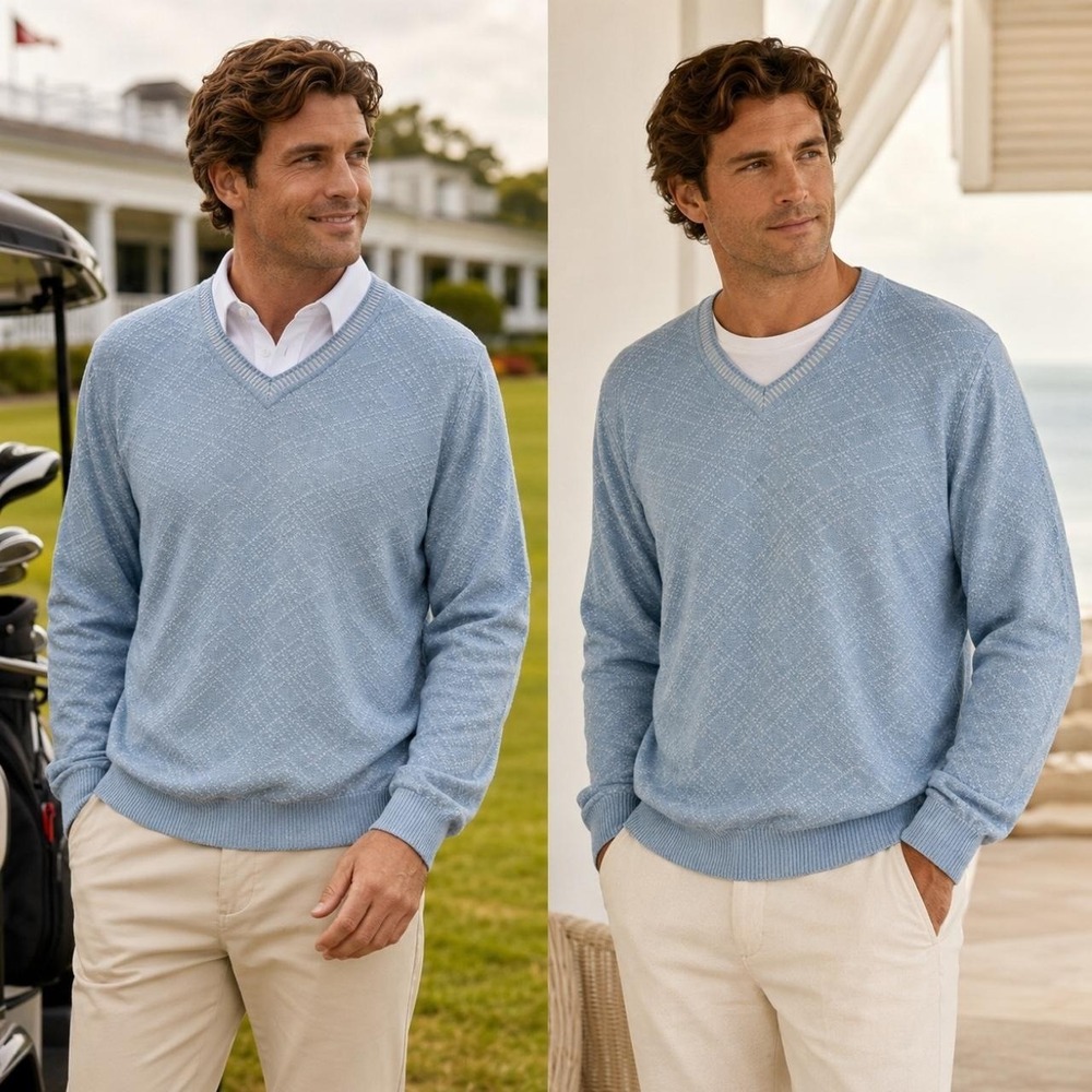 Fairway & Greene Men's M Blue Pima Cotton Argyle V-Neck Golf Sweater Preppy
